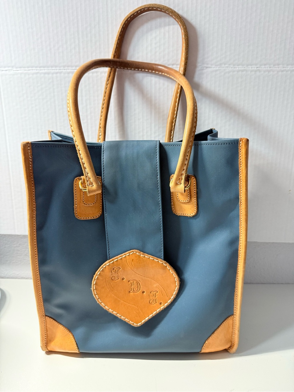 Blue and Tan Leather-Trim Tote Bag